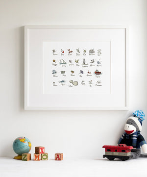 Ocean Alphabet Illustrated Print, Nautical ABC Art Print, Nursery Decor