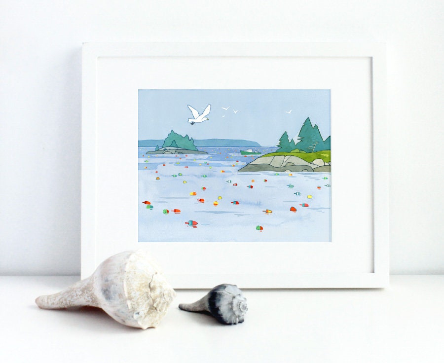 Maine Seascape Art Print, Lobster Buoys Whimsical Coastal Wall Decor, Nautical New England Landscape