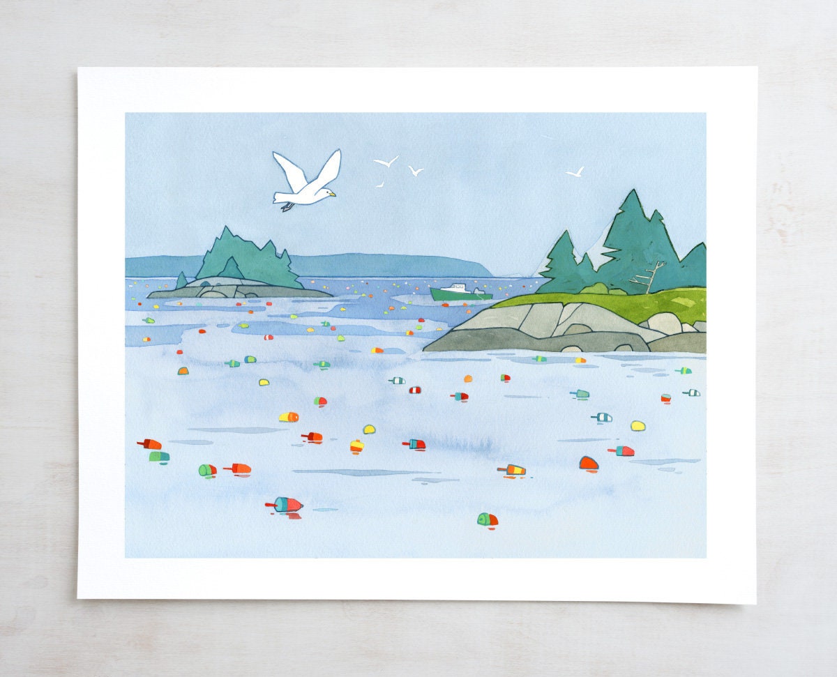 Maine Seascape Art Print, Lobster Buoys Whimsical Coastal Wall Decor, Nautical New England Landscape