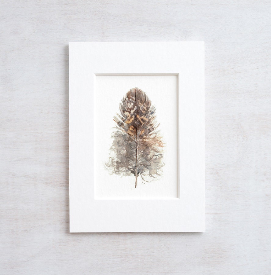Small Owl Feather Print, Nature Watercolor Painting