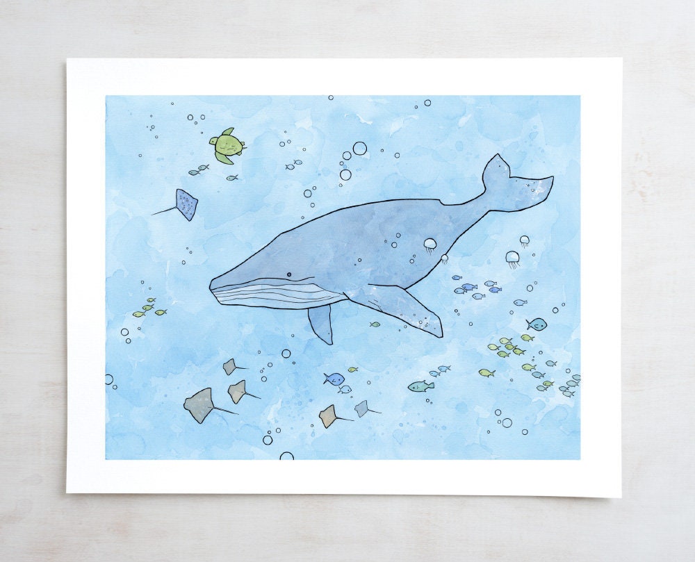 Humpback Whale Art Print, Whimsical Ocean Nursery Illustration