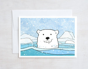 Polar Bear Card, Illustrated Animal Holiday Card, Christmas Stationery