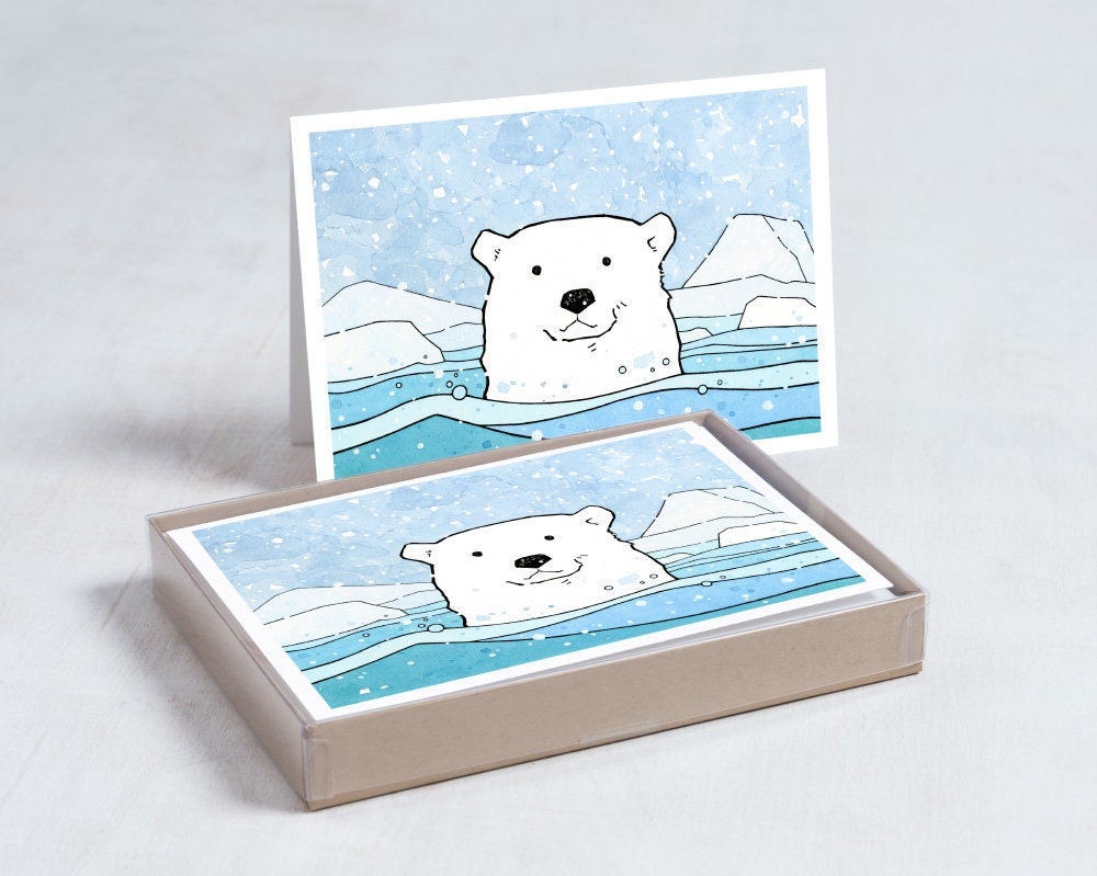 Polar Bear Holiday Card Set - 10 Illustrated Cards, Winter Animal Stationery, Christmas Cards