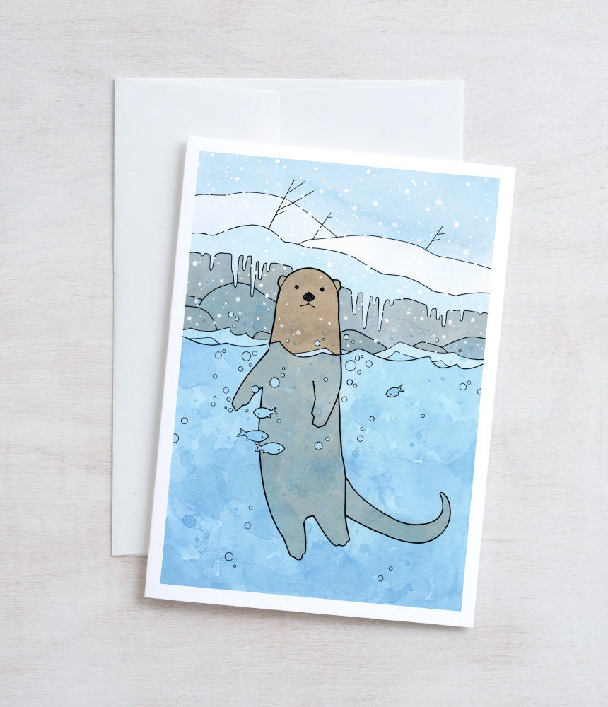 Otter Christmas Card Illustration, Holiday Animal Stationery