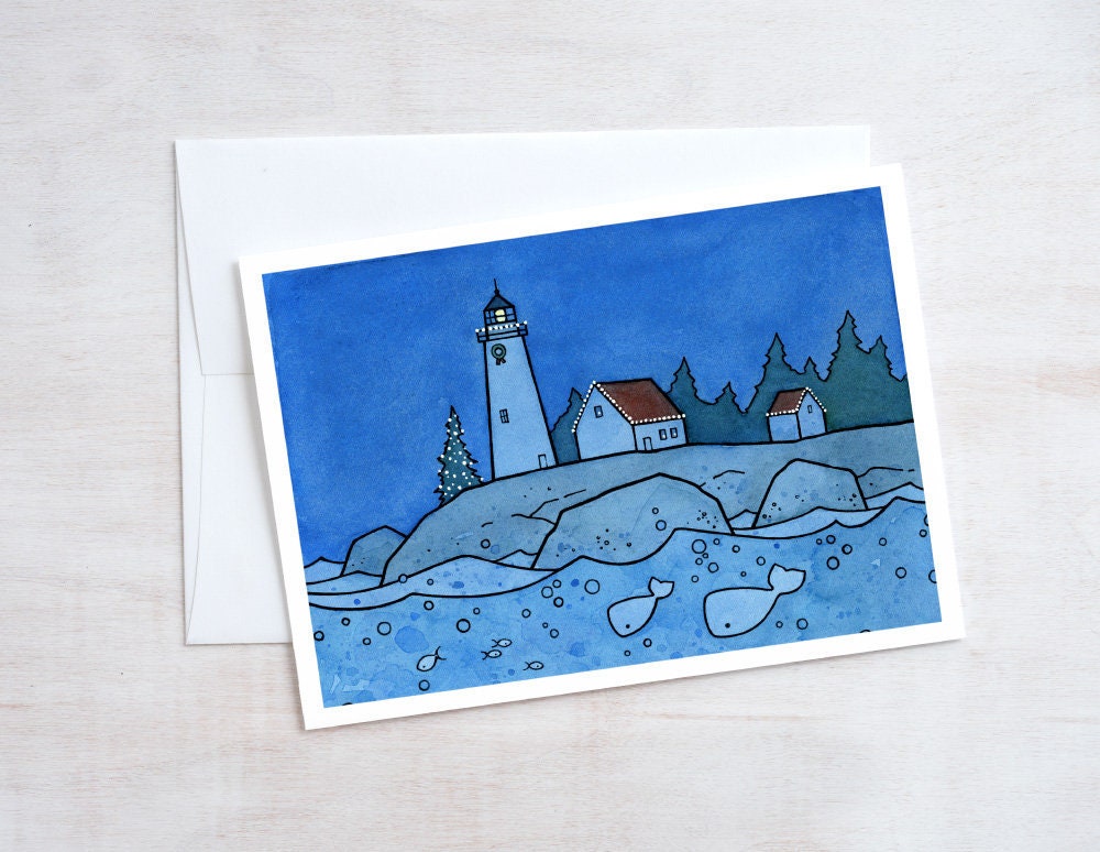 Whale Christmas Card, Whimsical Nautical Lighthouse Holiday Card Set