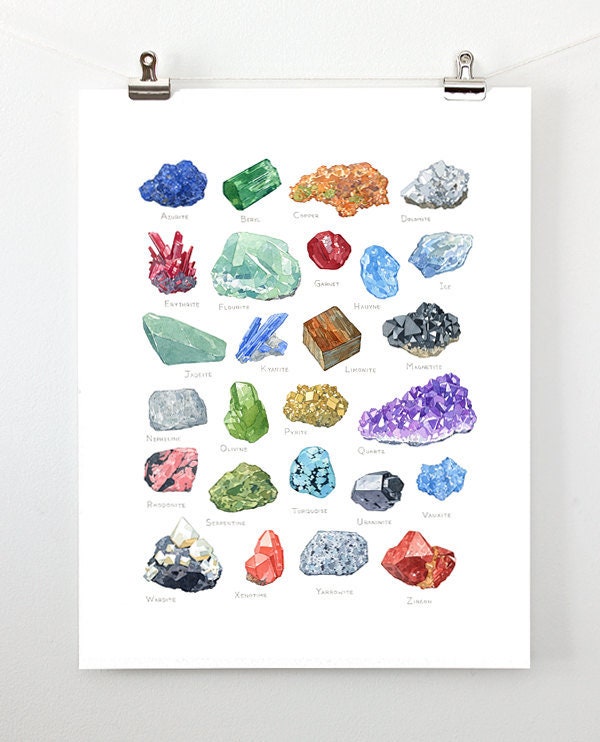 Minerals Watercolor Alphabet Art Print, Gemstone Painting, Crystal Poster