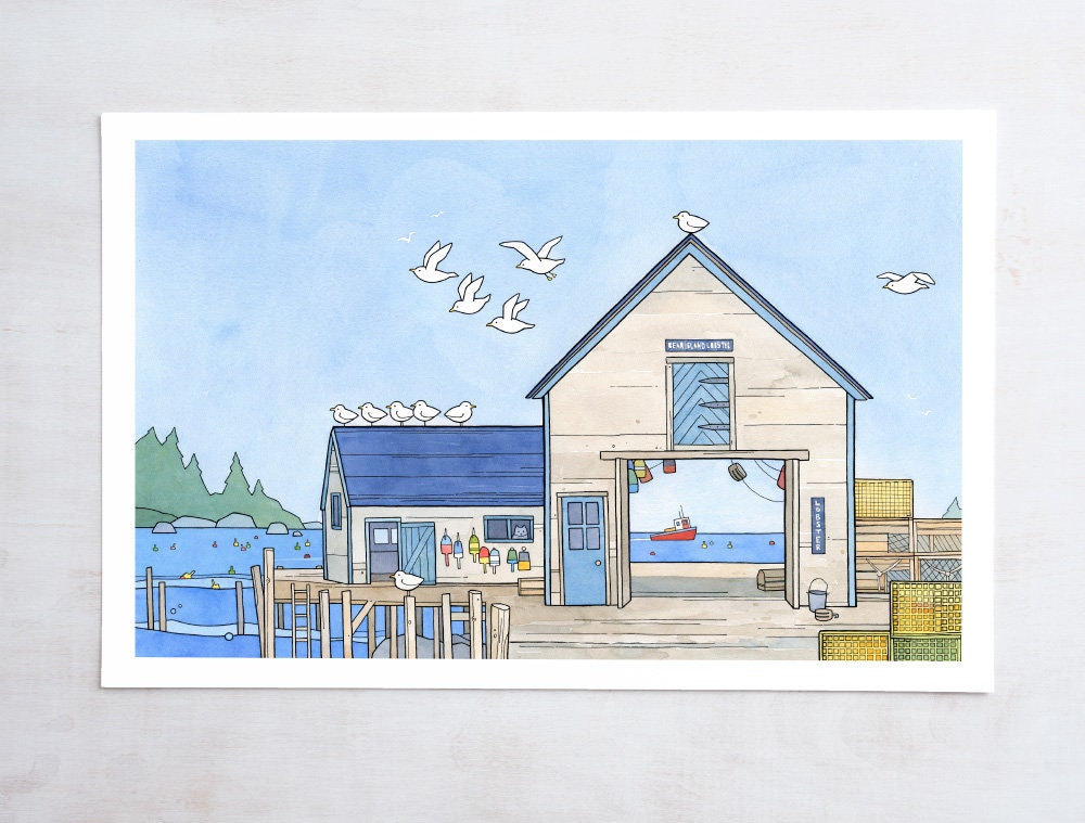Lobster Fishing Dock, Maine Fishing Town Nautical Art Print, Kids Room Decor