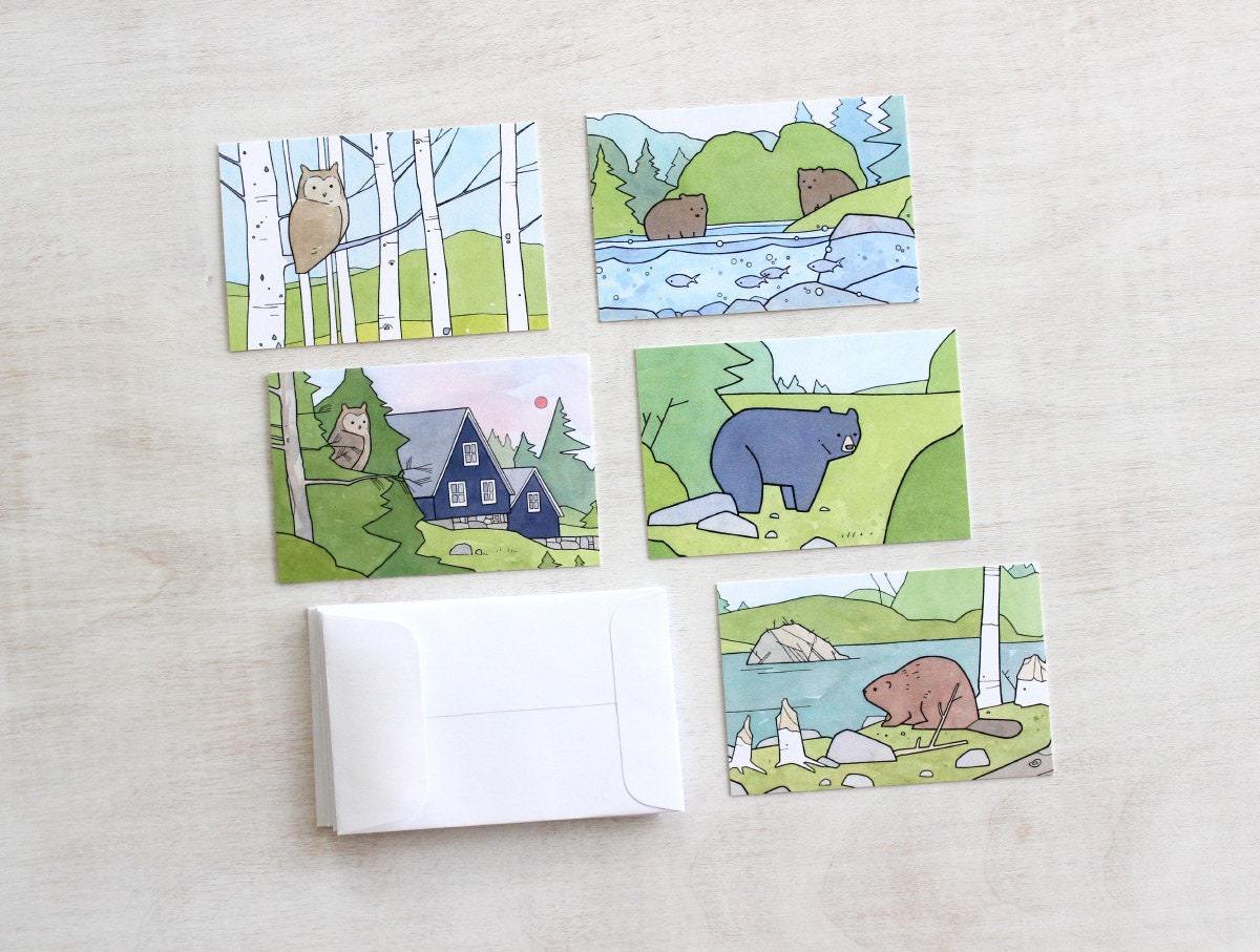 Small Gift Note Cards Summer Woodland Animals Set