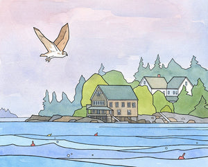 Osprey Art Print, Maine Coast Landscape, Hog Island Audubon Camp, Watercolor and Ink Illustration