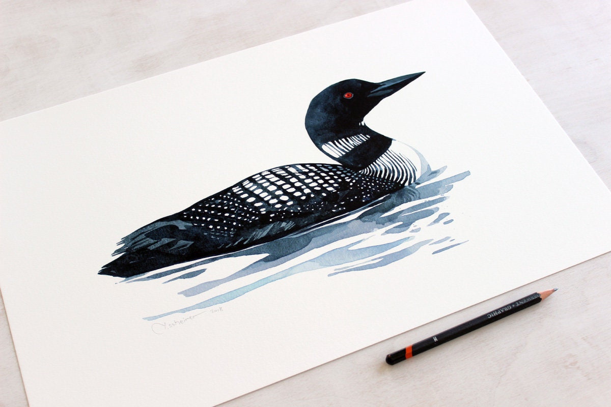 Loon Art Print Bird Watercolor Painting, Coastal Wall Art, Lakehouse Decor