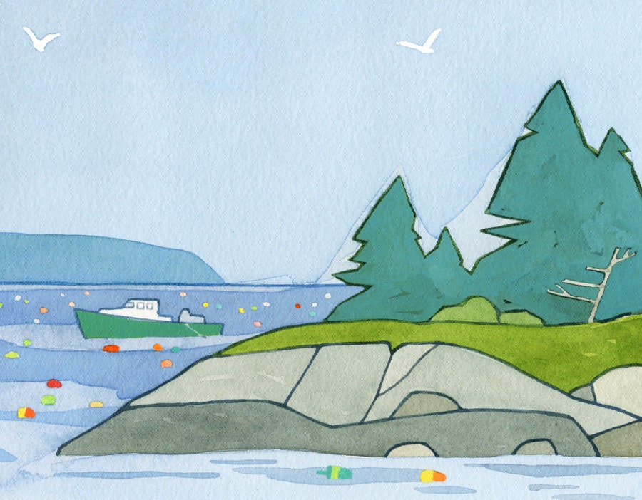 Maine Seascape Art Print, Lobster Buoys Whimsical Coastal Wall Decor, Nautical New England Landscape