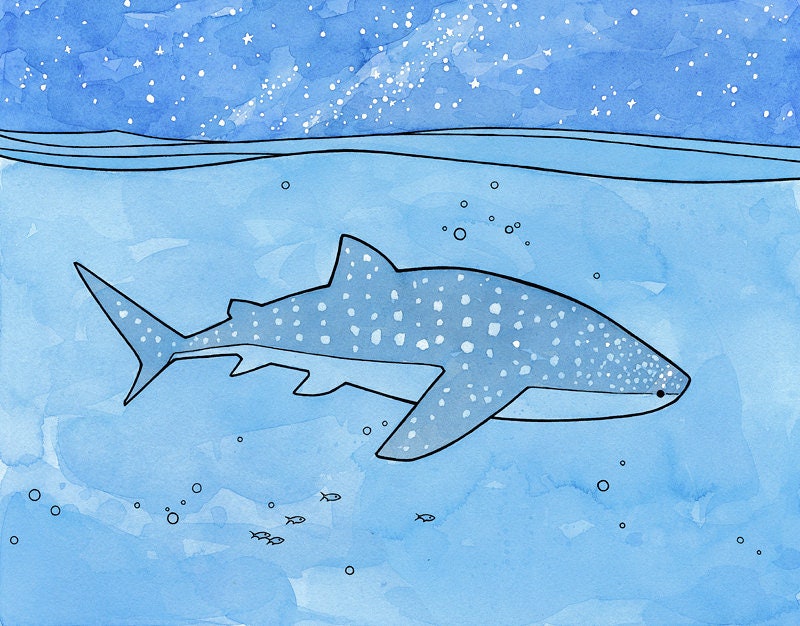 Whale Shark Ocean Watercolor Ink Illustration Print, Kids Wall Art