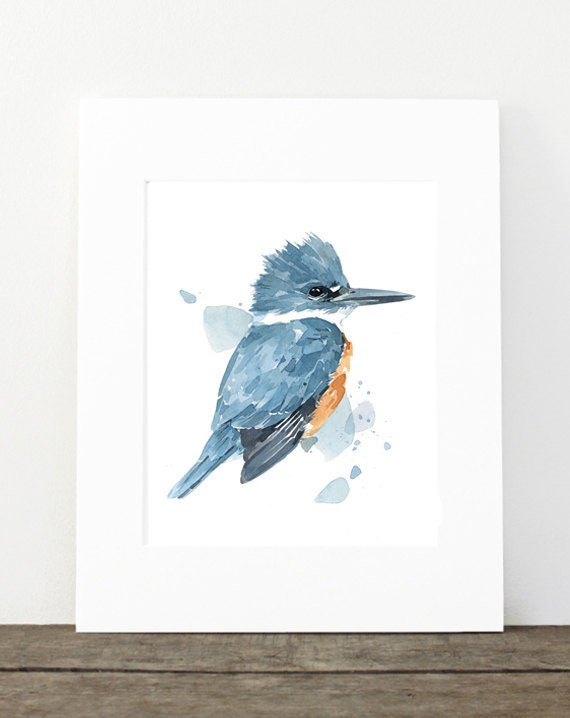 Kingfisher Watercolor Print, Bird Painting Wall Art
