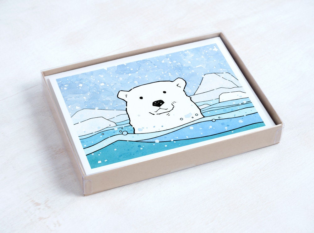 Polar Bear Holiday Card Set - 10 Illustrated Cards, Winter Animal Stationery, Christmas Cards