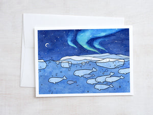 Beluga Whales Card, Aurora Borealis Christmas Holiday Stationery, Arctic Northern Lights Note Card