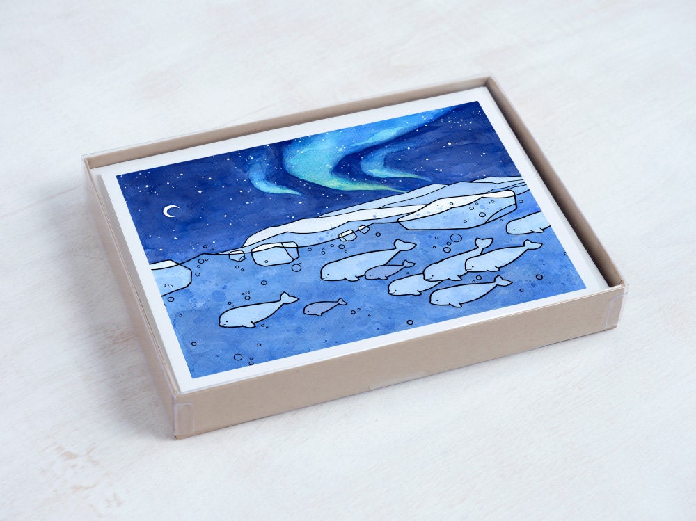 Belugas Arctic Northern Lights Holiday Card Set