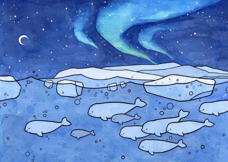 Beluga Whales Card, Aurora Borealis Christmas Holiday Stationery, Arctic Northern Lights Note Card