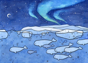 Beluga Whales Card, Aurora Borealis Christmas Holiday Stationery, Arctic Northern Lights Note Card