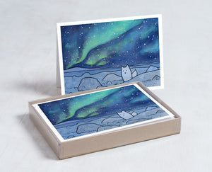 Arctic Fox Northern Lights Card Set, Christmas Holiday Stationery