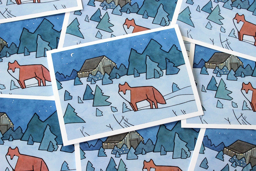 Red Fox Christmas Cards, Christmas Trees Illustrated Holiday Card Set