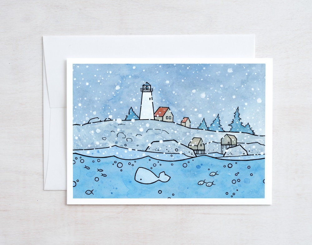 Coastal Christmas Card Snowy Lighthouse and Whale