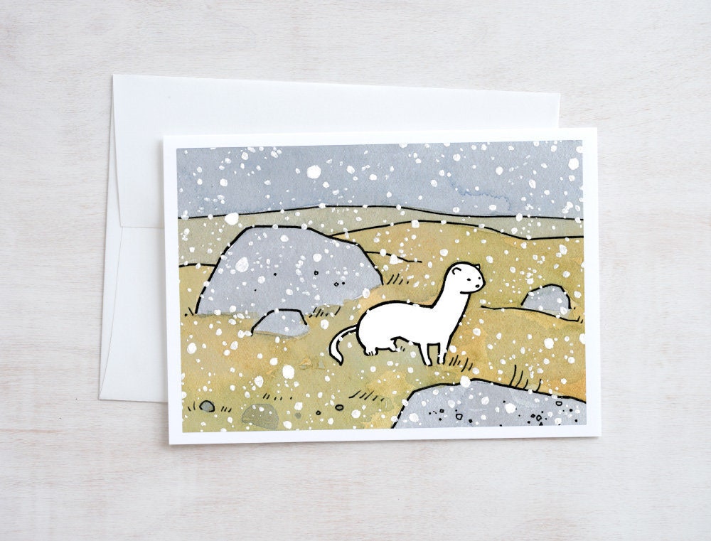 White Weasel Holiday Card, Ermine In Snow Cute Animal Christmas Card