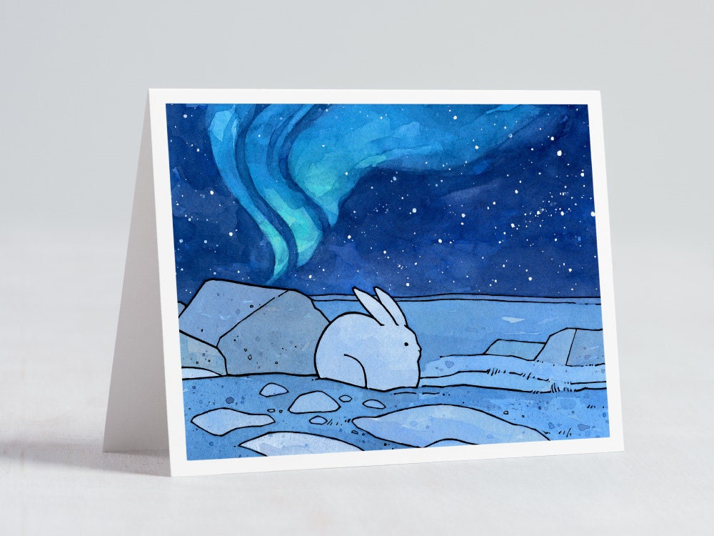 Snowshoe Hare and Northern Lights Card - illustrated Winter stationery