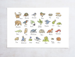 Woodland Art Alphabet, Woodland Baby Shower Gift, Forest Animals Wall Art, Nursery Art Print