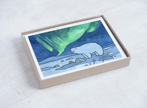 Polar Bear and Northern Lights Card Set, Christmas Holiday Stationery