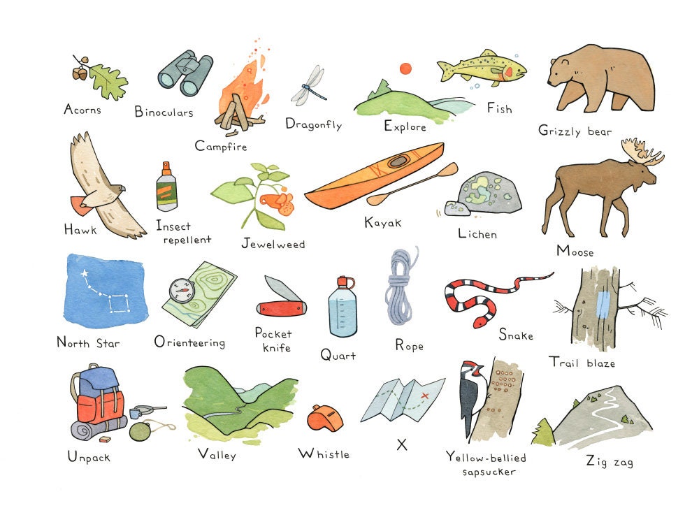 Camping Nursery Alphabet Print, Hiking Illustration, Kids Room Decor, Baby Shower Gift