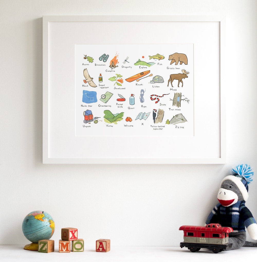 Camping Nursery Alphabet Print, Hiking Illustration, Kids Room Decor, Baby Shower Gift