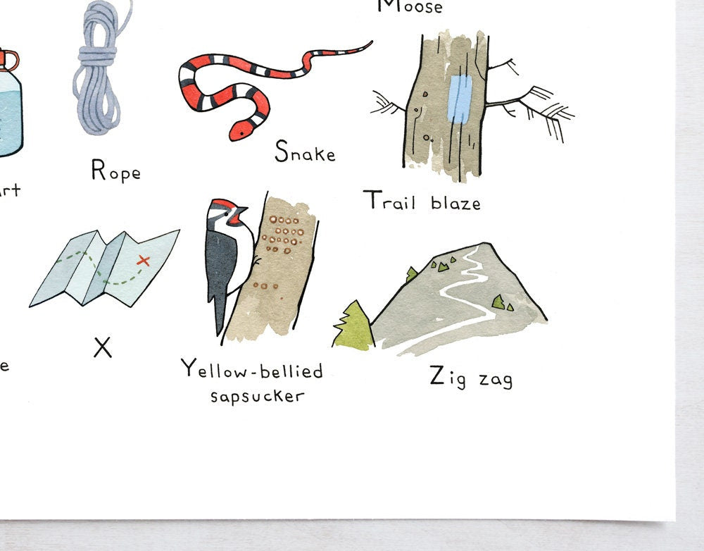 Camping Nursery Alphabet Print, Hiking Illustration, Kids Room Decor, Baby Shower Gift
