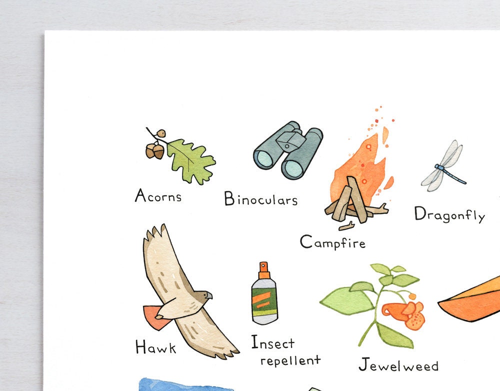 Camping Nursery Alphabet Print, Hiking Illustration, Kids Room Decor, Baby Shower Gift