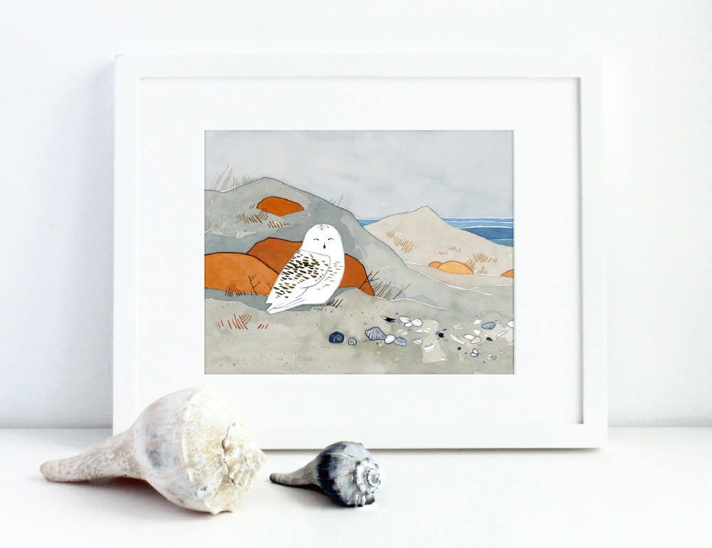 Snowy Owl Beach Watercolor Print, Winter Seashore Art Print