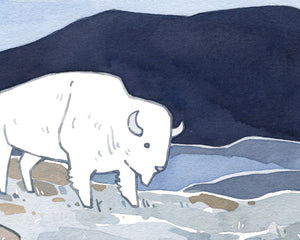 White Bison Watercolor Print, American West Animal Illustration, Kids Room Wall Art
