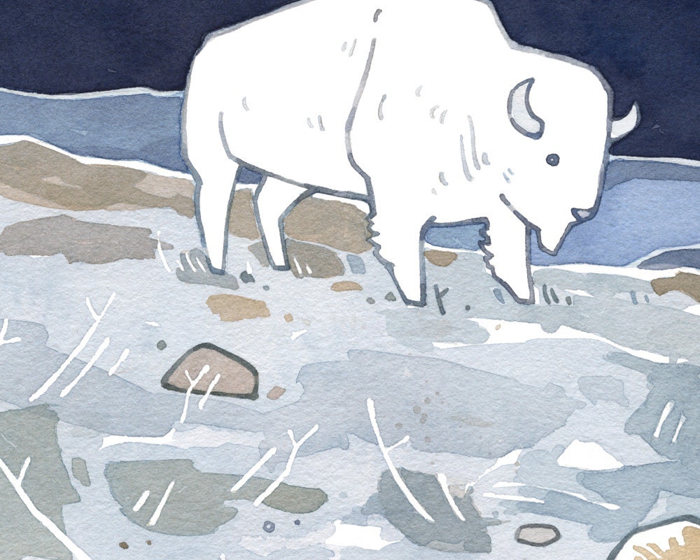 White Bison Watercolor Print, American West Animal Illustration, Kids Room Wall Art