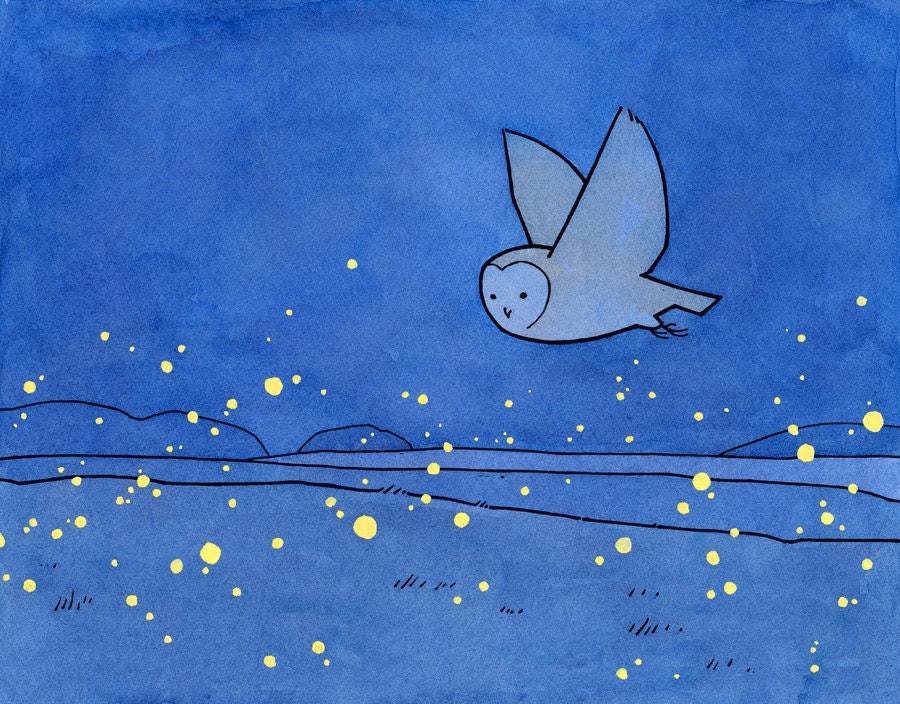 Owl and Fireflies Art Print, Barn Owl Illustration