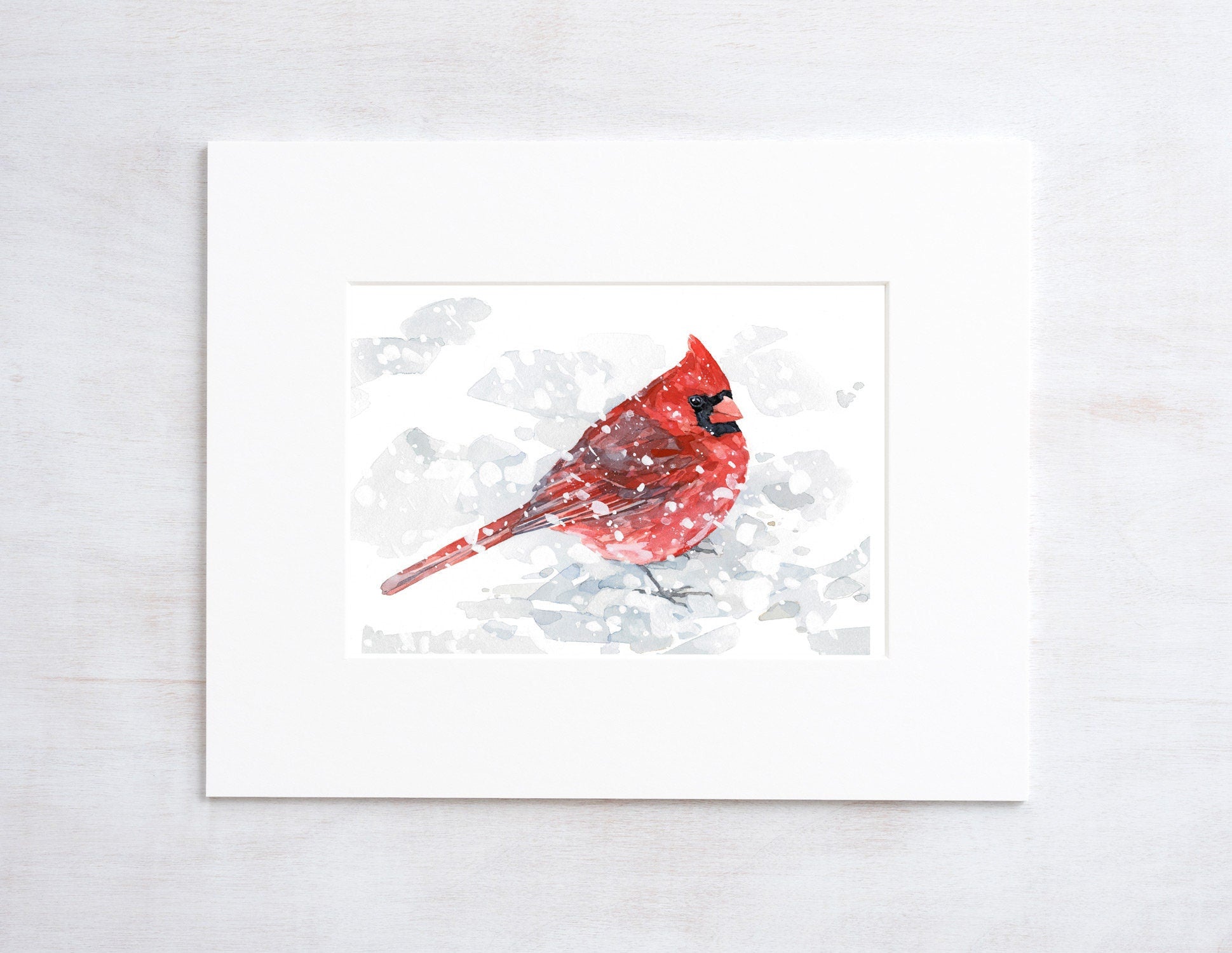 Red Cardinal in Snow Watercolor Painting, 5x7 Bird Art Print