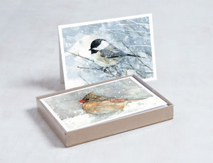 Holiday Card Set Winter Birds - 10 cards, Watercolor Winter Holiday Stationery, Cardinal, Chickadee, Sparrow, Sparrow