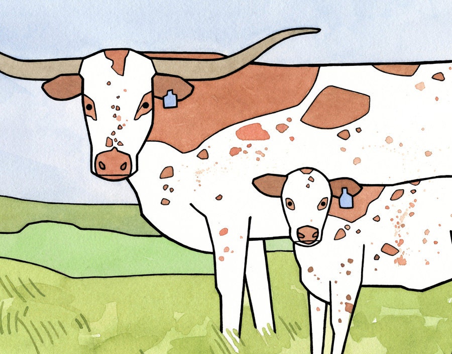 Texas Longhorns Whimsical Nursery Print, Texas Nursery