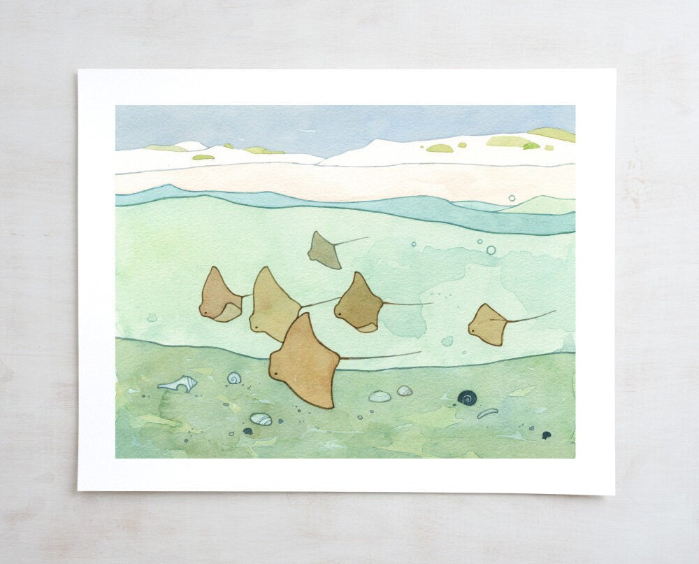 Stingrays Art Print, Cownose Rays Watercolor Beach Print, Nautical Decor