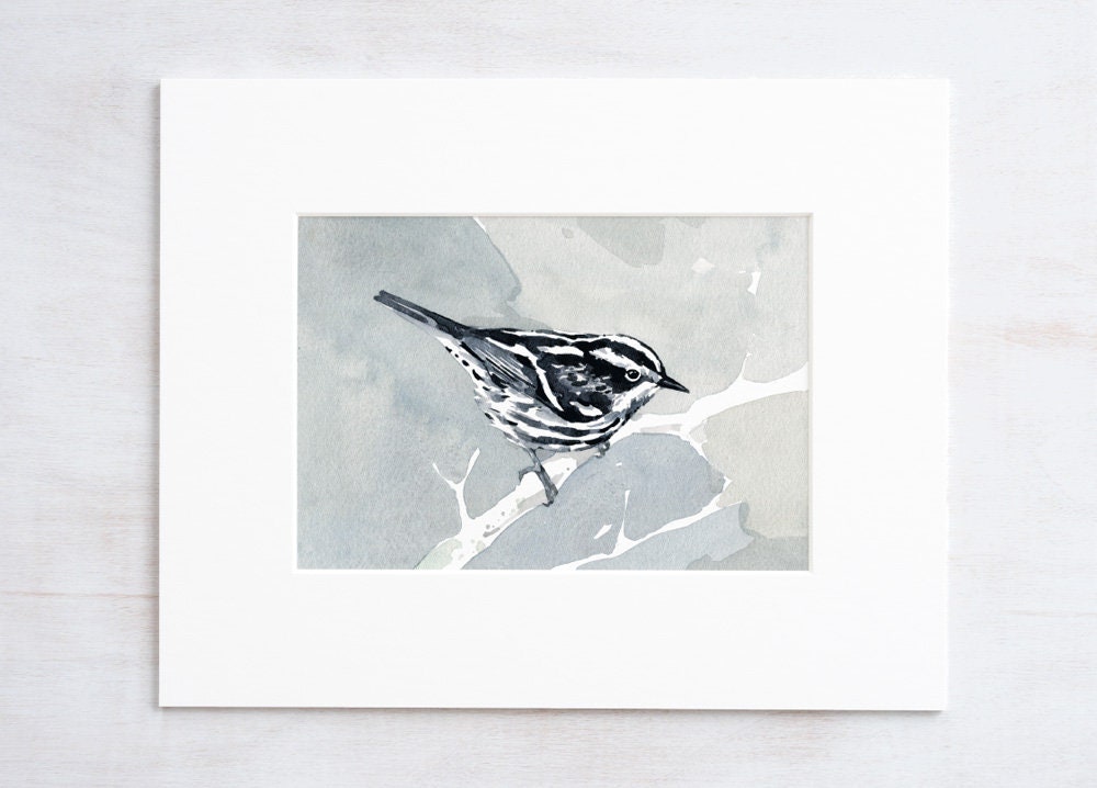 Black and White Warbler Watercolor Print, Small Bird Wall Art