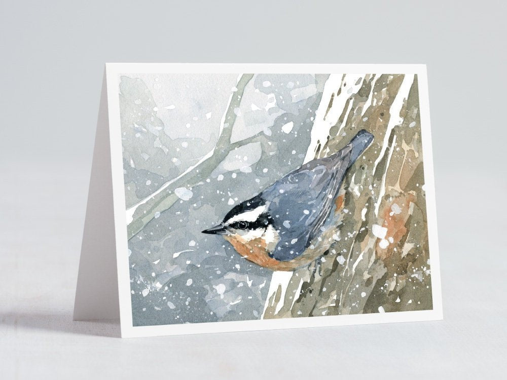 Nuthatch Bird in Snow Holiday Card, Woodland Nature Christmas Notecard