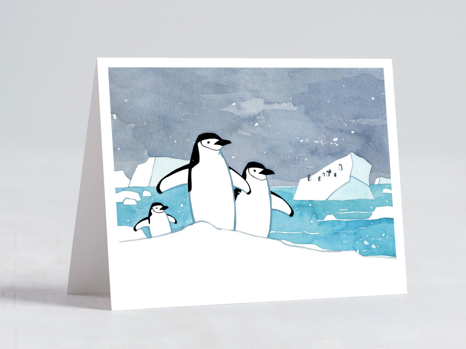Penguins Christmas Card Set, Chinstrap Penguin Animal Illustration Holiday Card Set