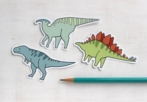 Dinosaur Sticker Set, 3 Die Cut Stickers, Stegosaurus, T Rex, & Duck Billed Dino Decals
