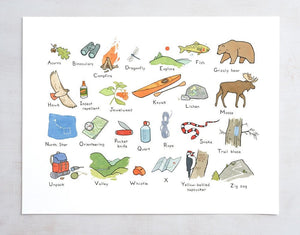 Camping Nursery Alphabet Print, Hiking Illustration, Kids Room Decor, Baby Shower Gift