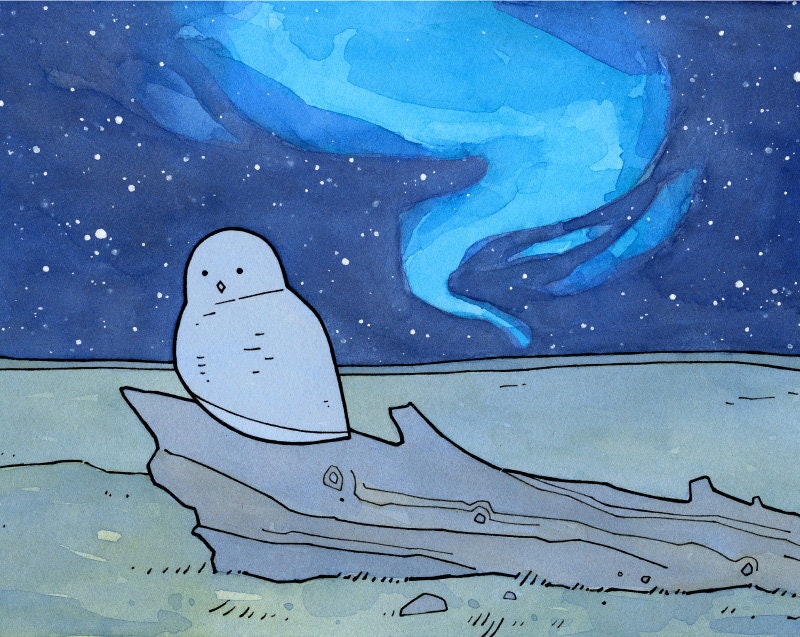 Snowy Owl and Northern Lights Print, Arctic Animal Illustration
