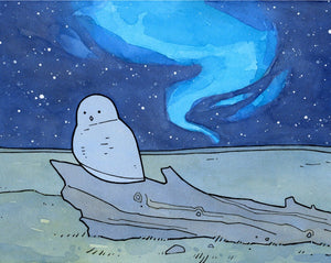 Snowy Owl and Northern Lights Print, Arctic Animal Illustration