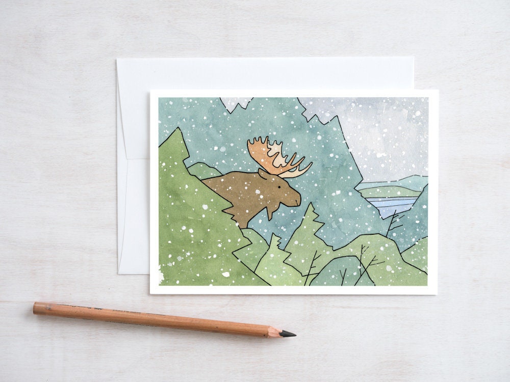 Moose Christmas Card, Animal Art Holiday Card, Winter Stationary