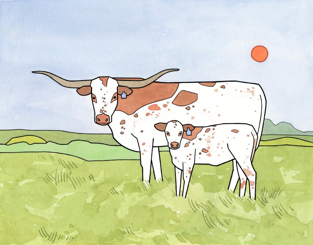 Texas Longhorns Whimsical Nursery Print, Texas Nursery